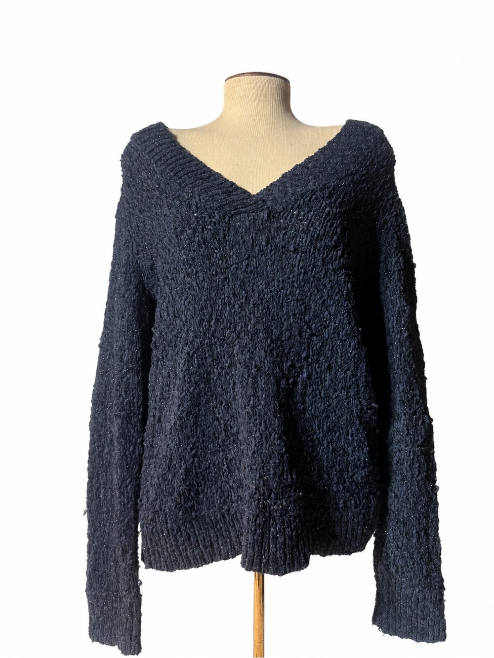 Chico's Navy V-Neck Cozy Textured Pullover